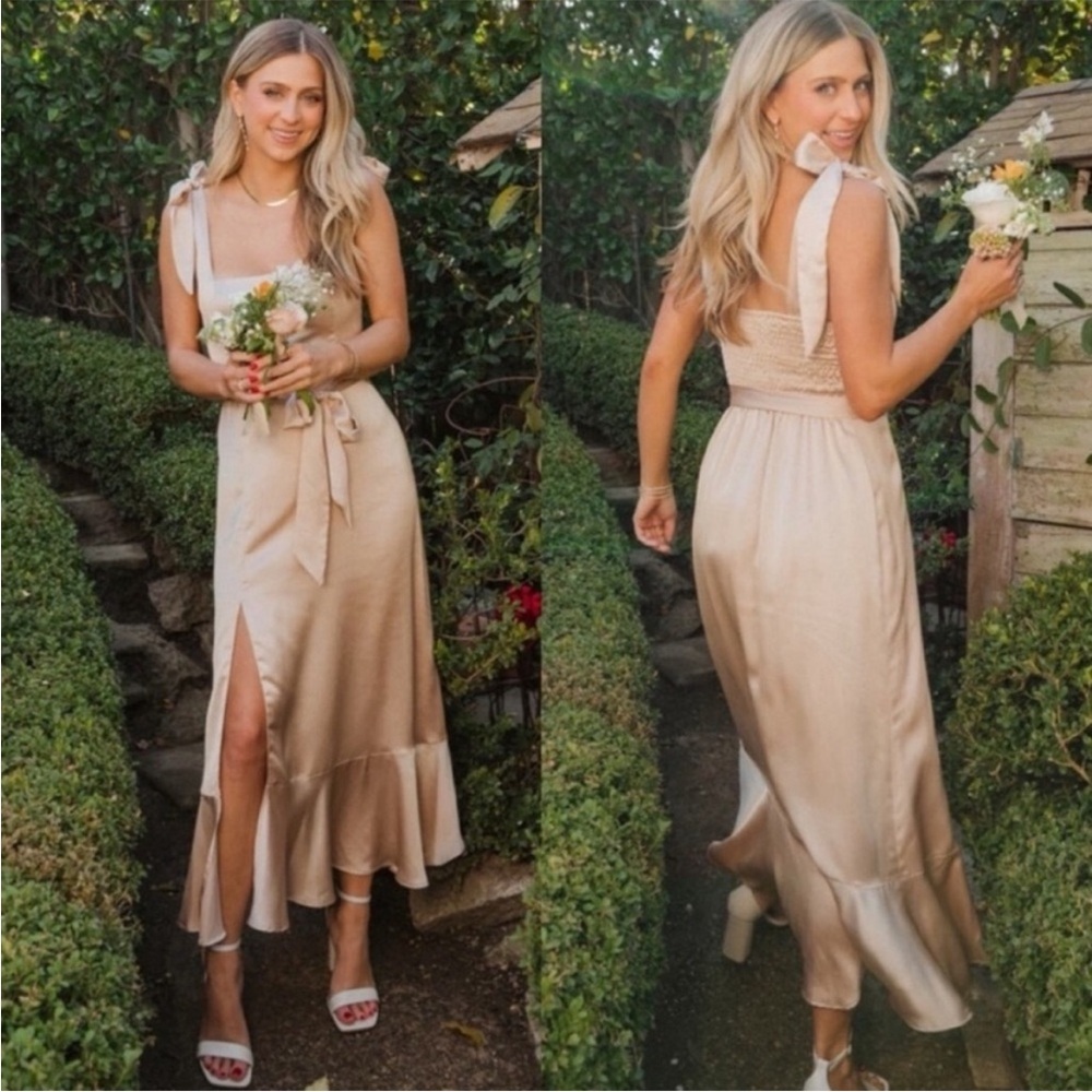 NWT $188 Show Me Your MuMu S Claire Midi Dress Luxe Satin Bows Cinched Side Slit - Picture 2 of 7
